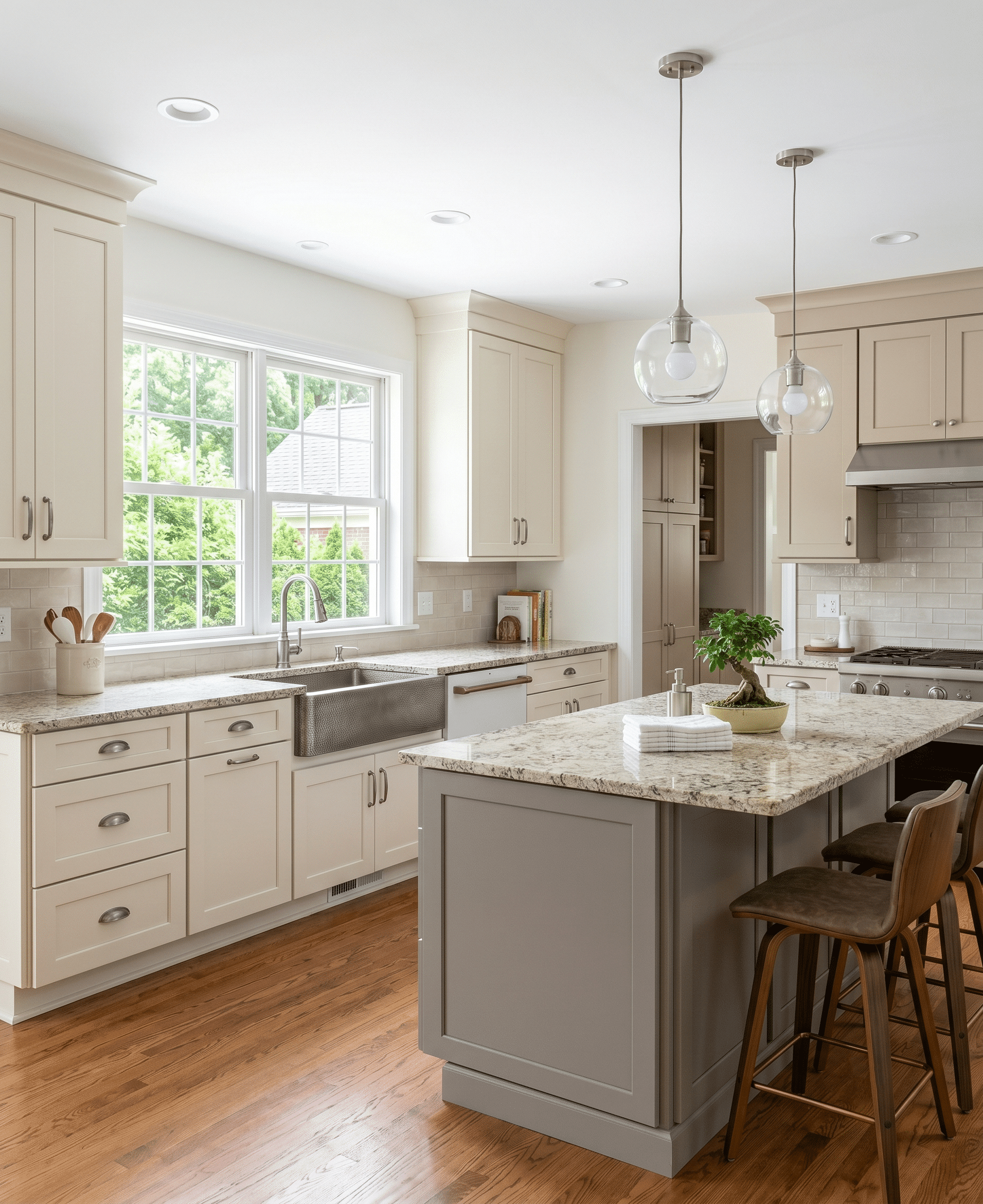 Classic neutral kitchen remodel featuring cream shaker cabinets, gray center island with granite countertops, stainless farmhouse sink, and hardwood floors