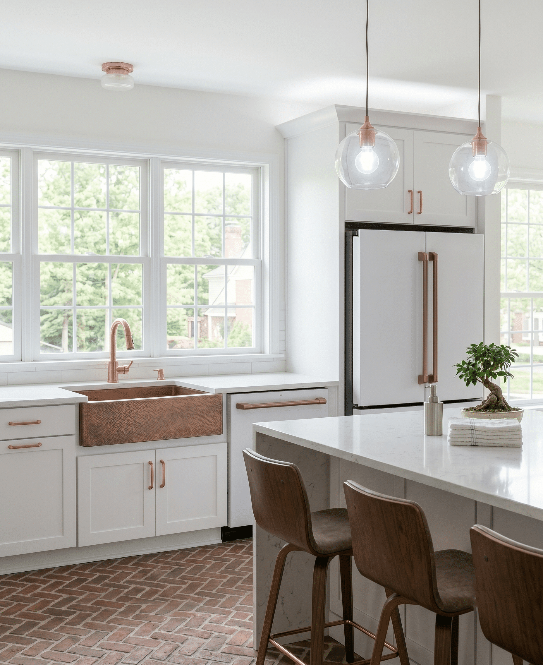 Kitchen remodeling project with white shaker cabinets, hammered copper farmhouse sink, rose gold hardware, herringbone brick tile floor, and white marble island