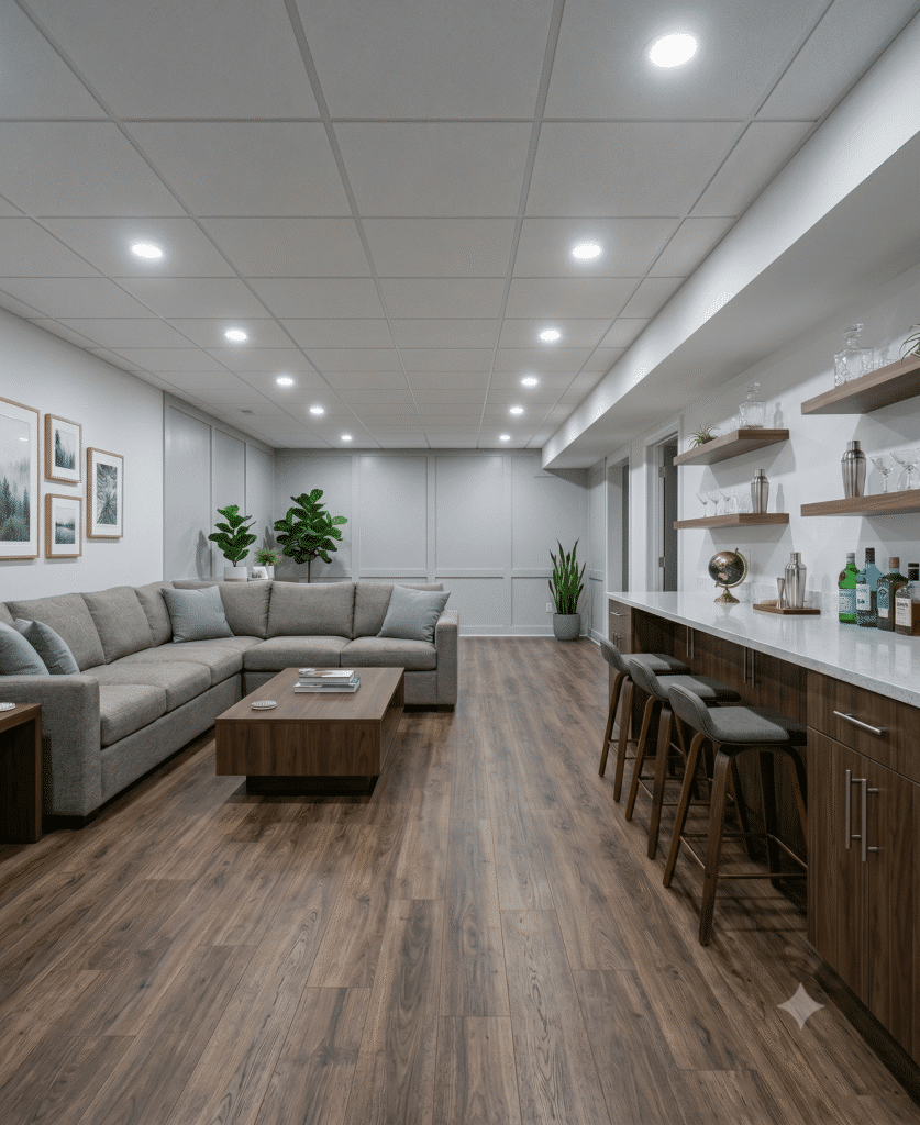 Finished basement wet bar with quartz countertop, dark wood cabinets, bar stools, gray sectional sofa, wainscoting accent wall, and LVP flooring