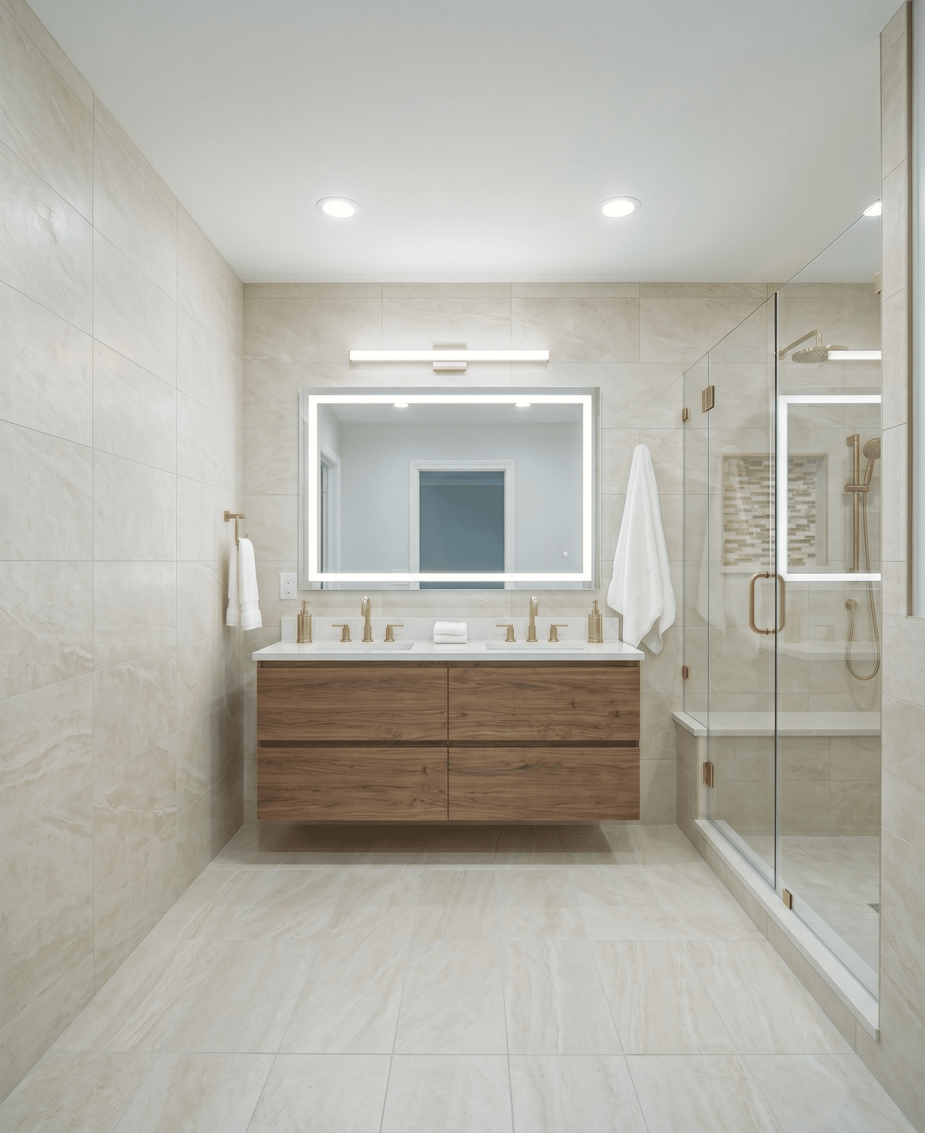 Modern bathroom remodel with large-format cream porcelain tile, floating walnut double vanity, LED backlit mirror, brushed gold fixtures, and frameless walk-in shower