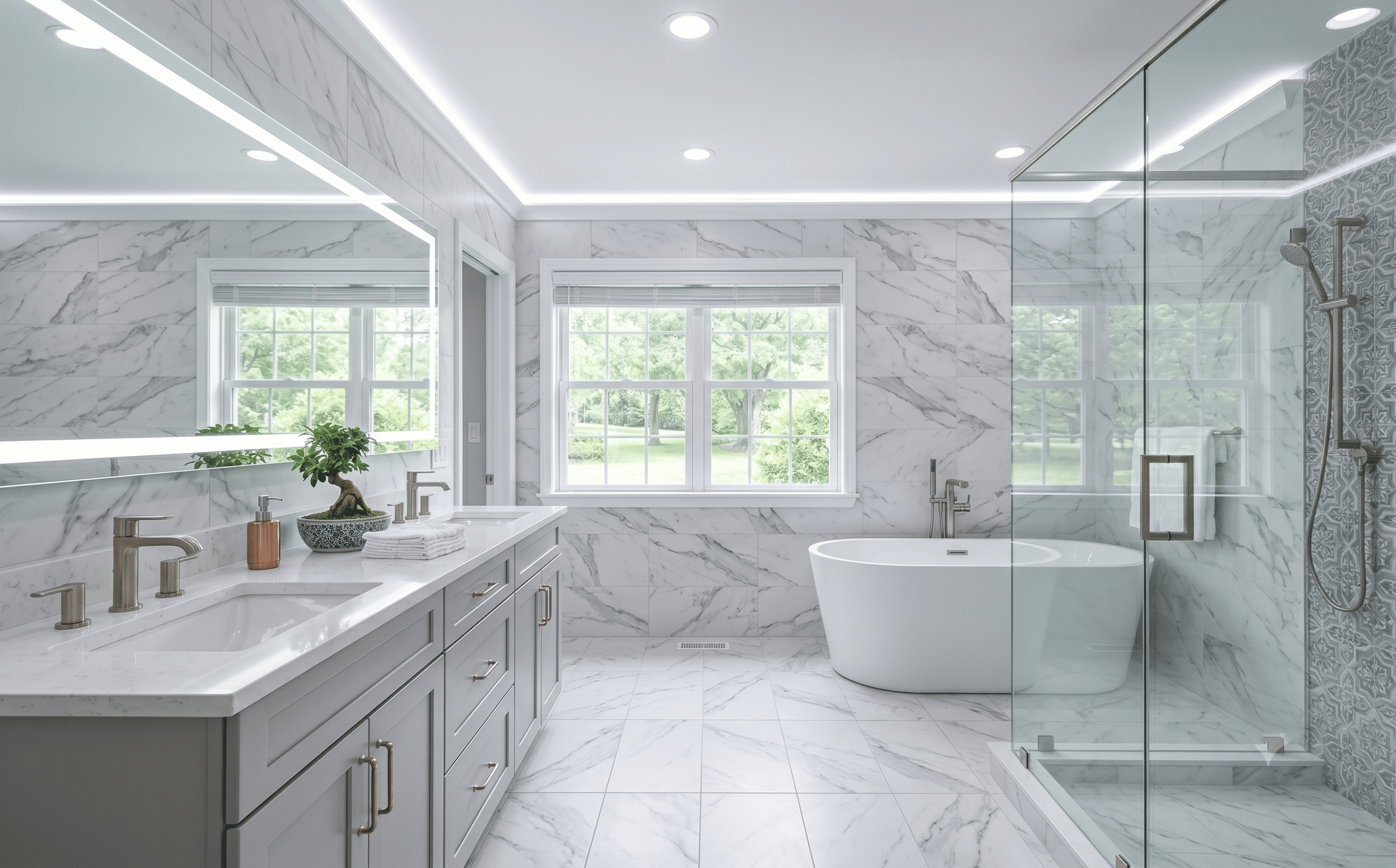 Luxury bathroom remodel with floor-to-ceiling marble tile, freestanding soaking tub, frameless glass shower, gray double vanity, and LED mirror lighting