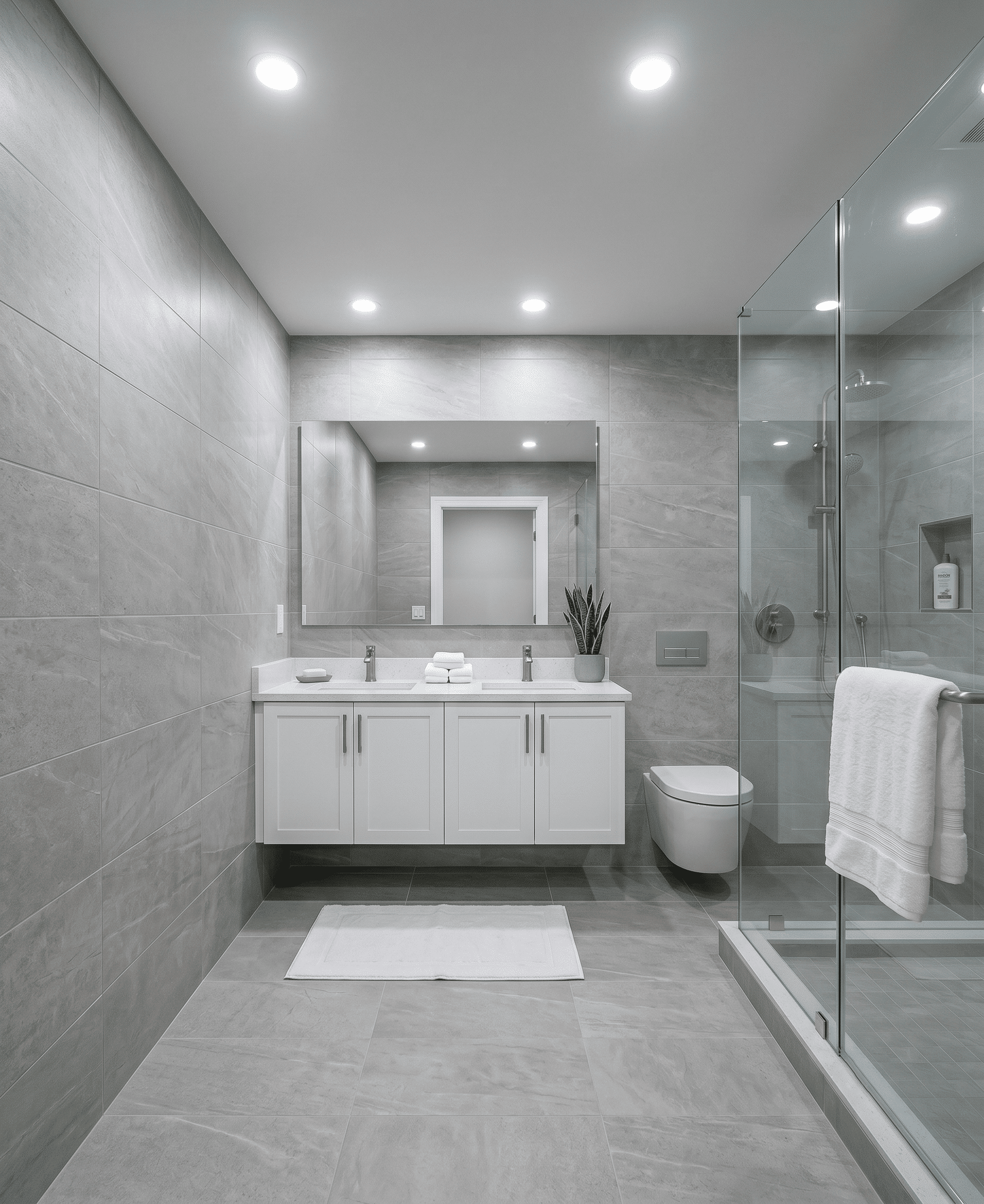 Full home remodeling project basement bathroom with large-format gray tile, floating double vanity, frameless glass shower enclosure, and wall-mounted toilet