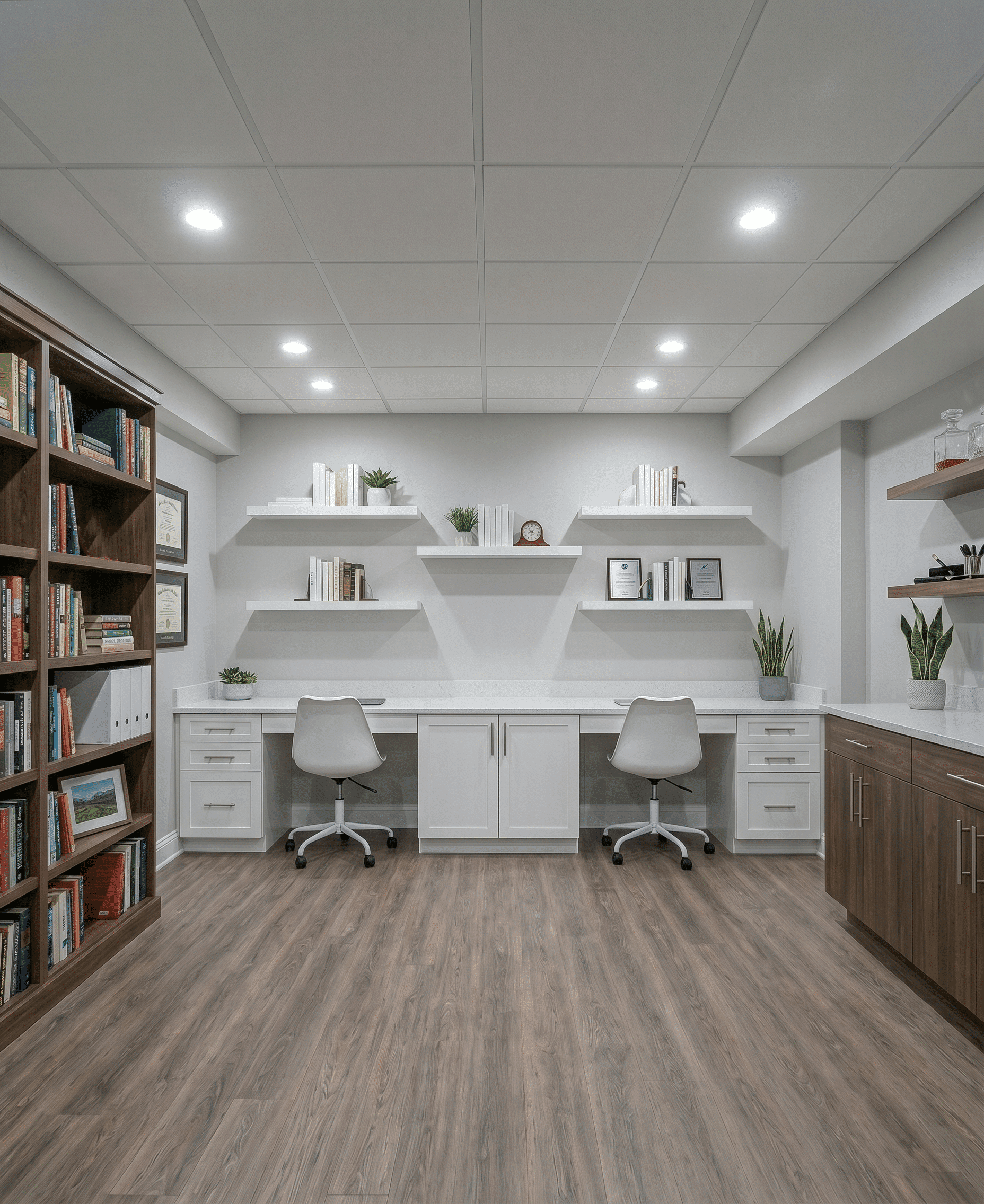 Whole home renovation basement level with dual built-in white desks, floating shelves, floor-to-ceiling bookcase, drop ceiling, and luxury vinyl plank flooring